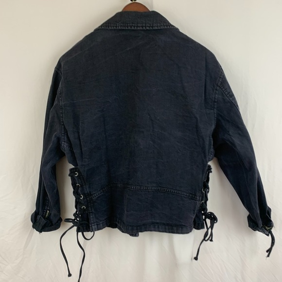 Free People Denim Moto Jacket Womens Small Black Oversized Corset Lace-Up Sides - Picture 11 of 16